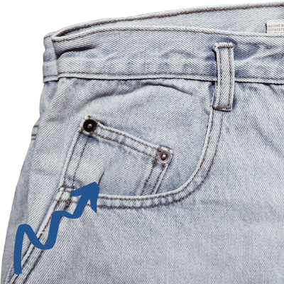 two blue arrows pointing to small jean pocket