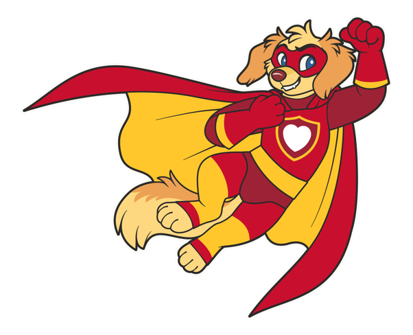 ABDL superhero dog mascot named MegaMax in red and yellow costume with cape, flying with a confident pose. 